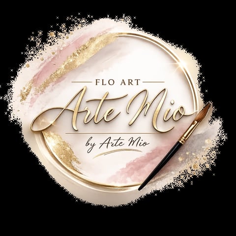 Flo Art Arle Mio logo with elegant script text on watercolor background with gold brush stroke