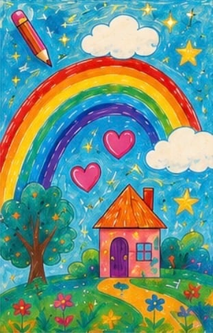 Colorful childrens illustration with rainbow