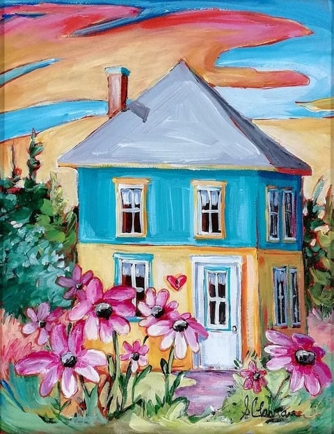 Colorful painted cottage with turquoise and yellow walls, gray roof, and vibrant pink flowers in the foreground under a vivid multicolored sky