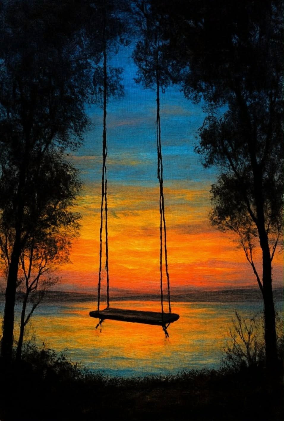 Silhouette of an empty swing hanging from trees at sunset with a vibrant orange and blue sky reflecting on water