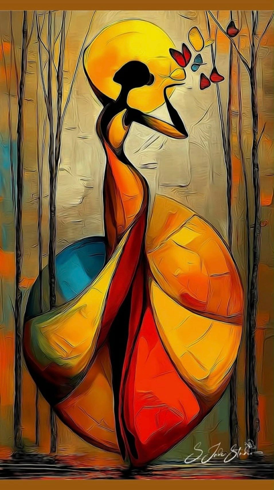 Abstract silhouette of a woman in flowing red dress with large colorful butterfly wings, bare trees, and golden moon in background