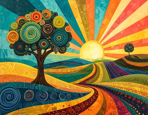Colorful artistic landscape with a spiral-canopied tree
