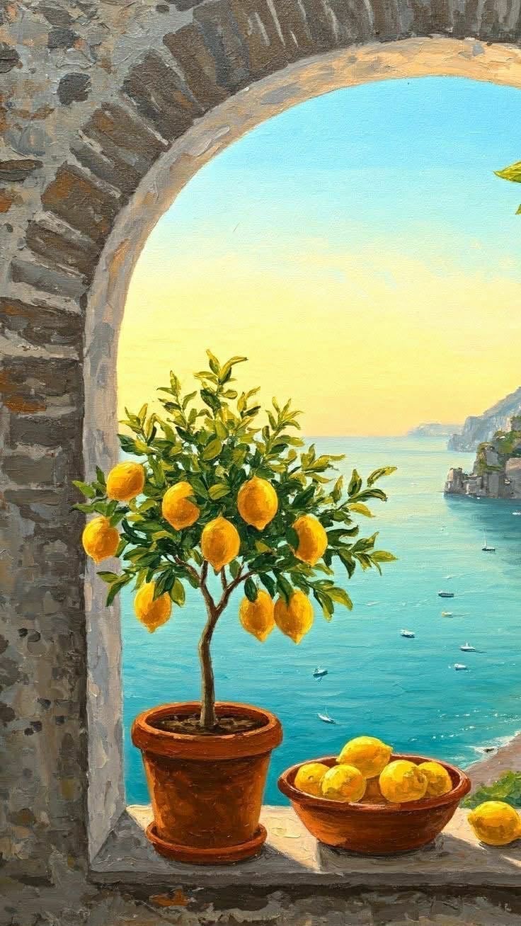 Lemon tree in terracotta pot framed by stone archway overlooking Mediterranean coastal seascape