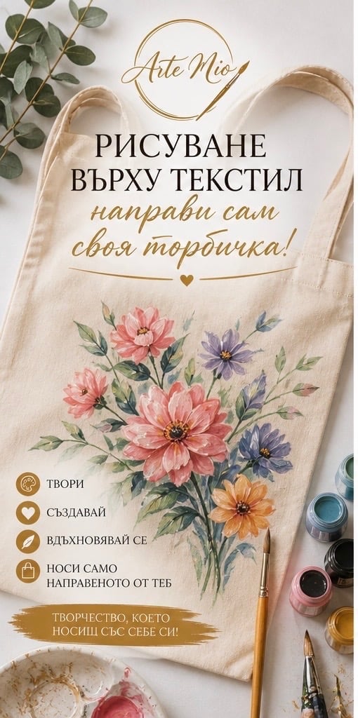 Cream canvas tote bag with hand-painted pink and purple flowers, featuring Arte Mio branding and Cyrillic text promoting textile art customization