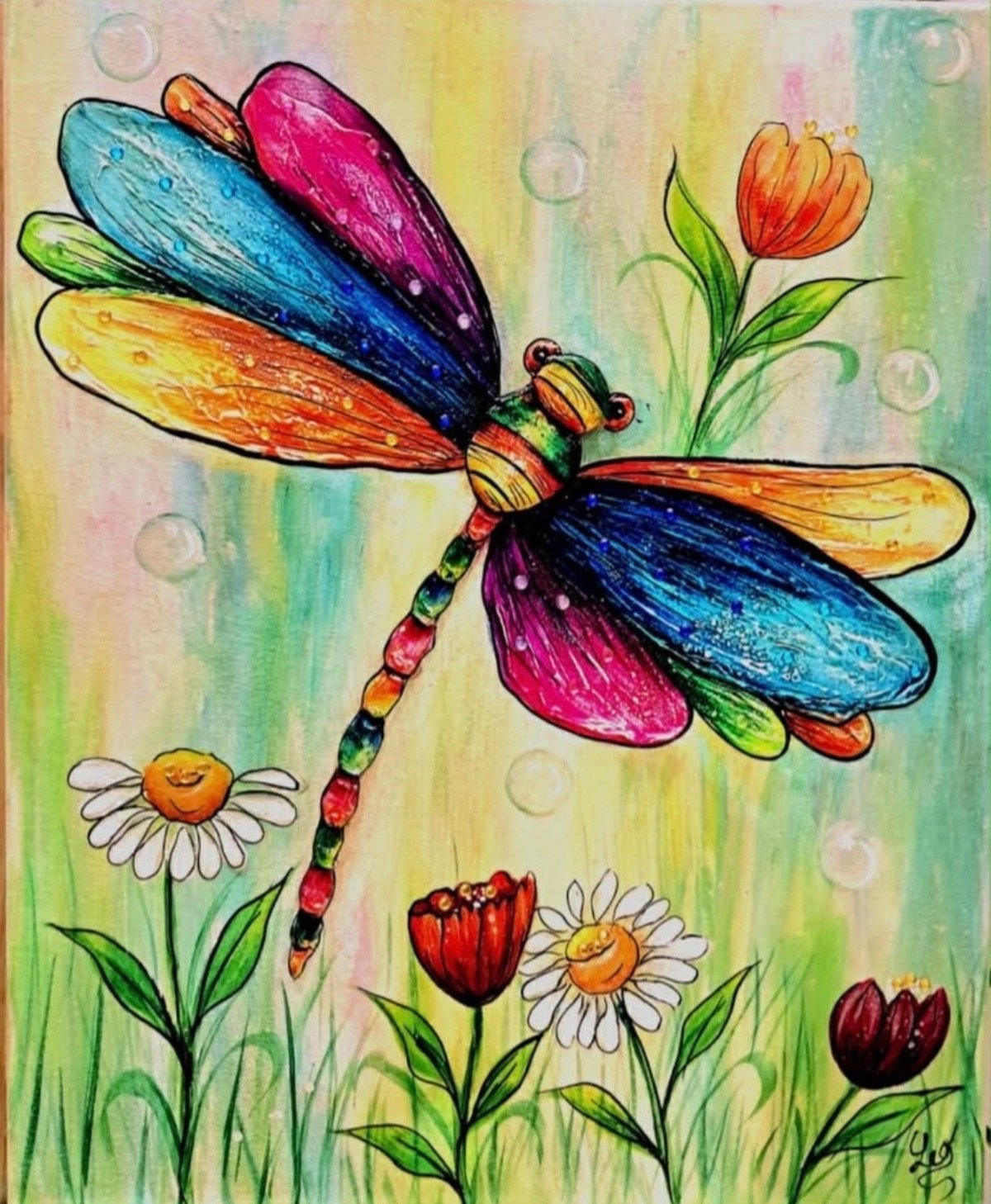Colorful dragonfly with vibrant rainbow wings and segmented body among blooming flowers and bubbles on watercolor background
