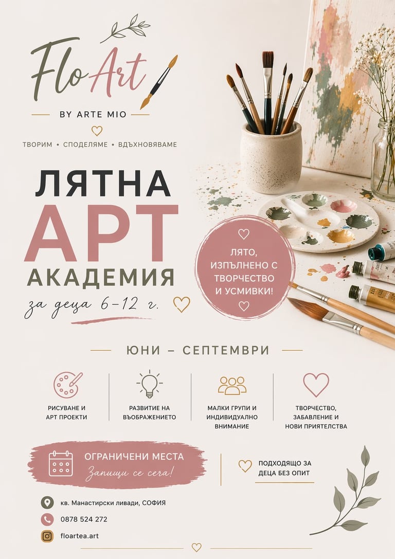 Promotional flyer for FloArt summer art academy for ages 6-12, featuring brushes, paint palette, and watercolor artwork in warm earth tones