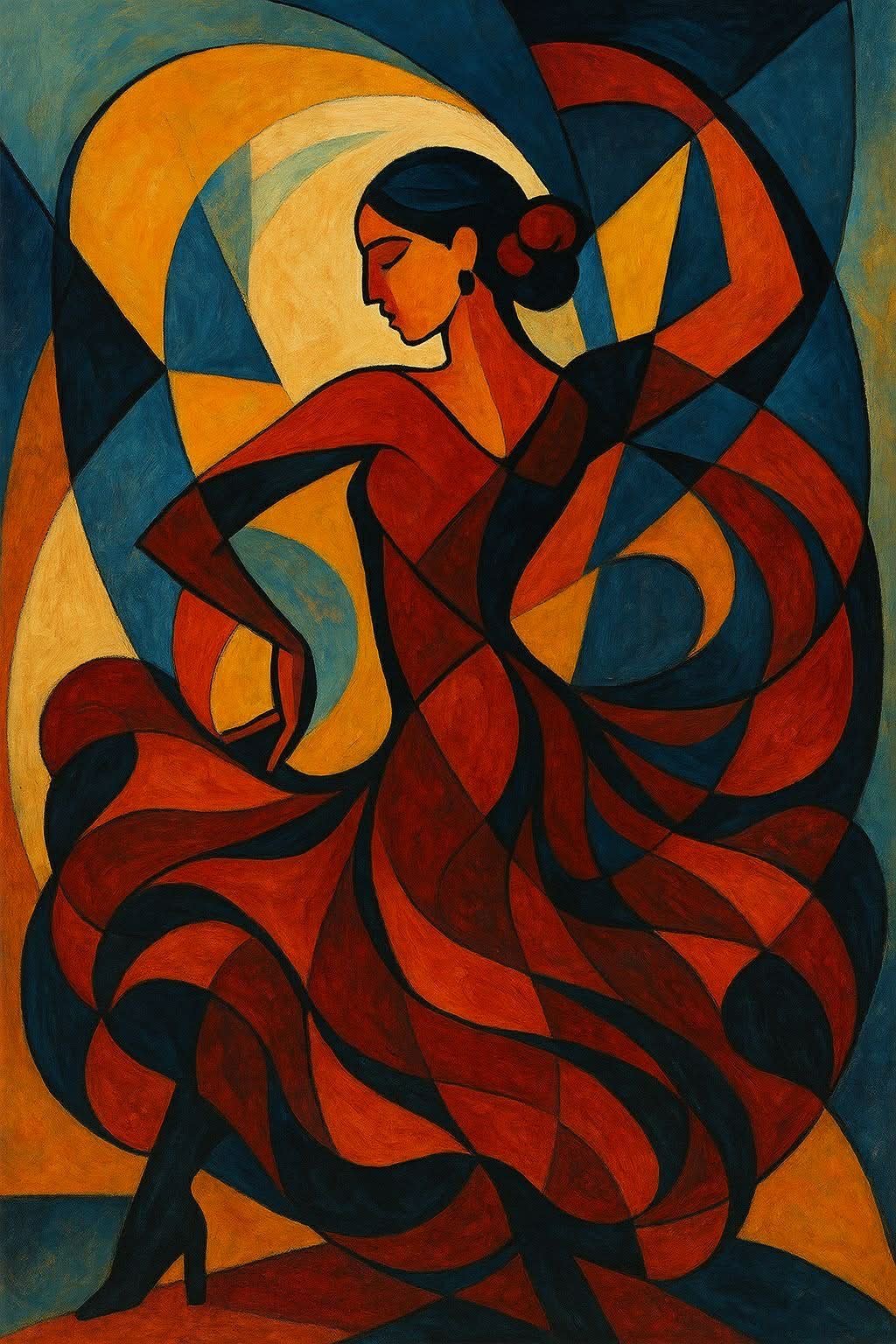 Abstract cubist artwork featuring a woman in profile wearing a red dress with flowing geometric patterns in warm and cool tones