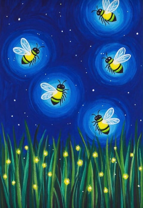 Illustration of five glowing fireflies